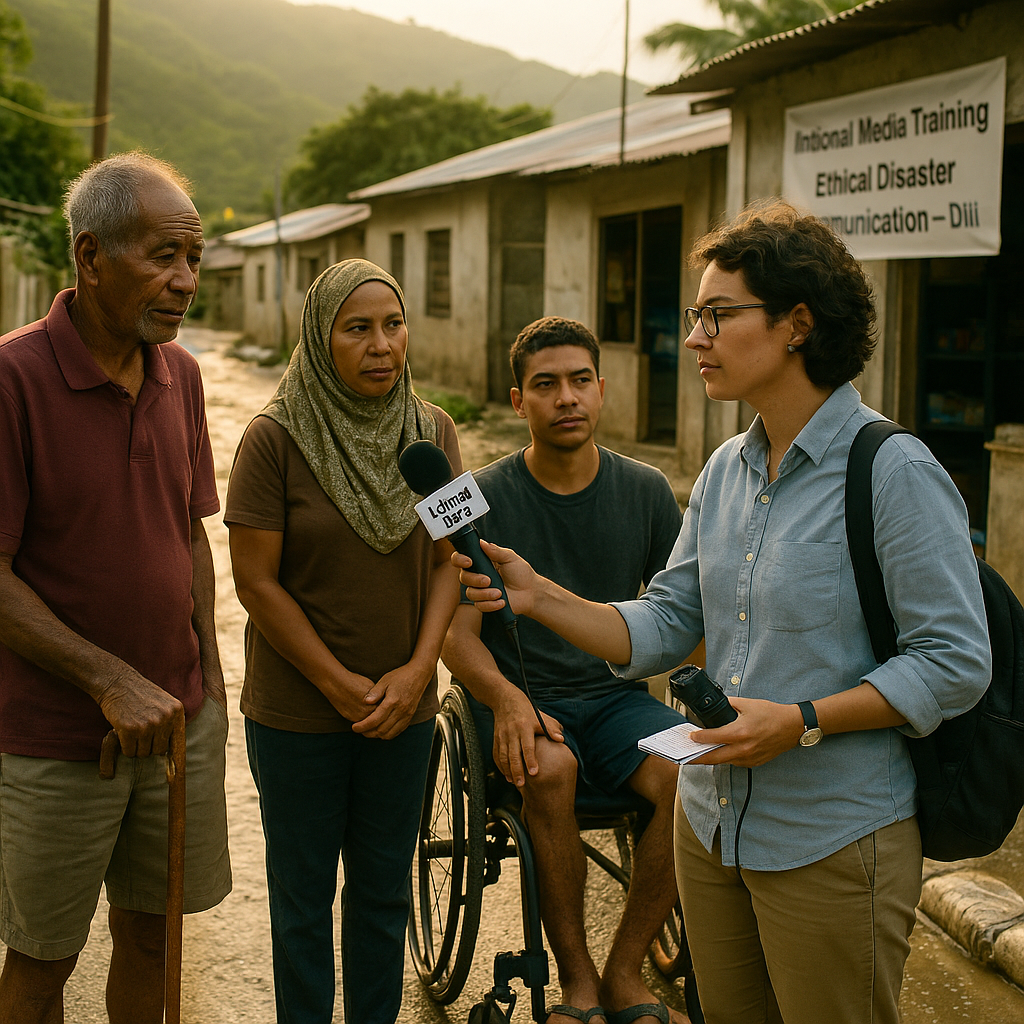 Local reporter with an İctimai Səs microphone interviews a diverse group of residents outside