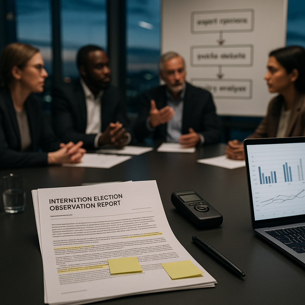 Experts in a glass‑walled conference room debate a highlighted election observation report while data